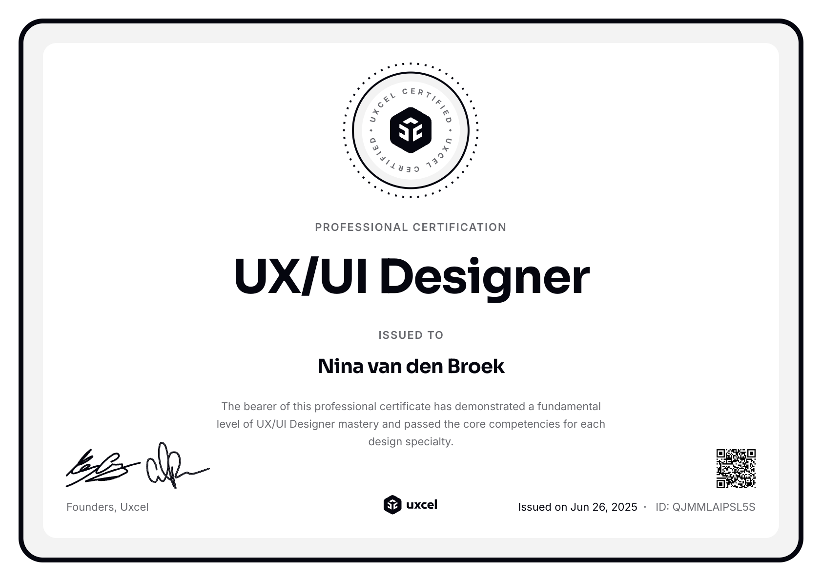 Nina van den Broek's certificate